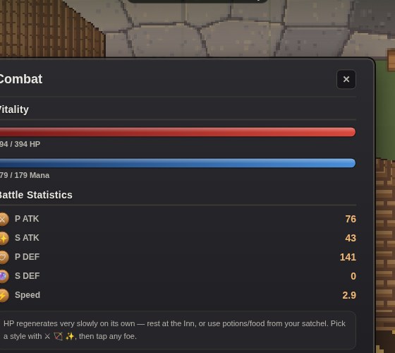 Combat panel with health, mana and battle statistics