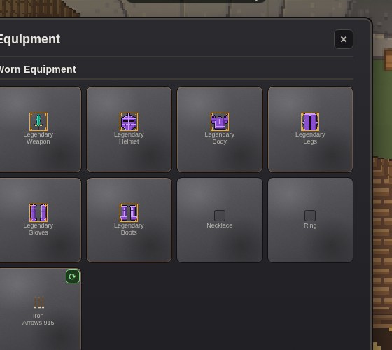 Equipment screen with legendary armor and weapon